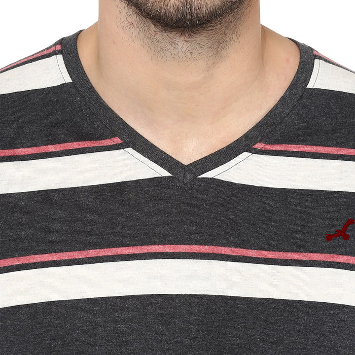 V Neck T-Shirt for Men - Off White, Charcoal & Brick Red Melange (No Exchange No Return)
