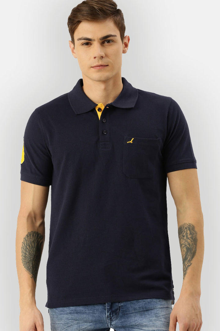 Men's Polo Collar Half Sleeves T-Shirt With Pocket - Dark Navy