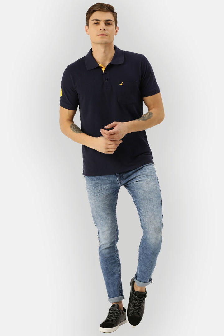 Men's Polo Collar Half Sleeves T-Shirt With Pocket - Dark Navy
