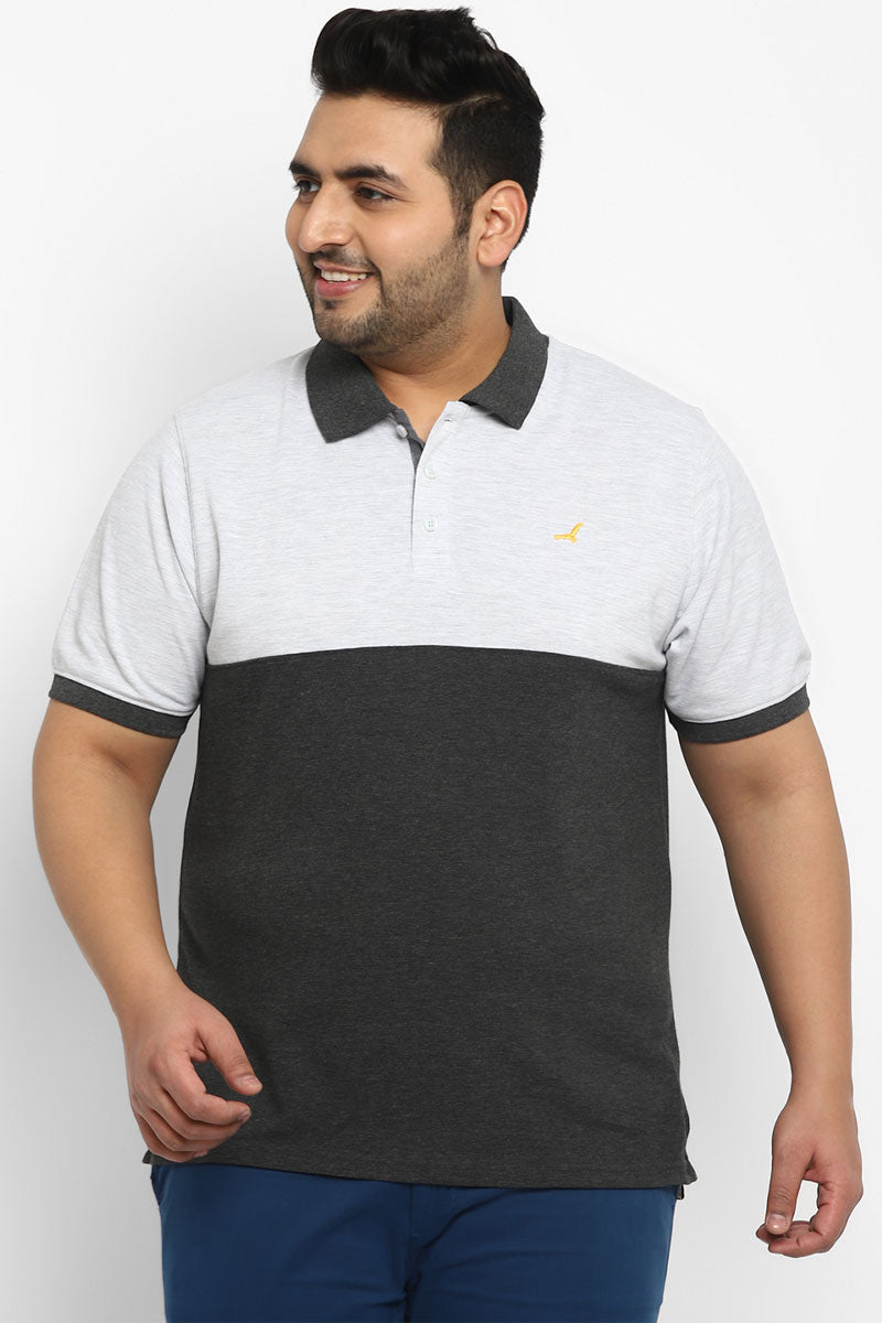 Polo Half Sleeves T-Shirt For Plus Size Men - Ecru & Charcoal Melange