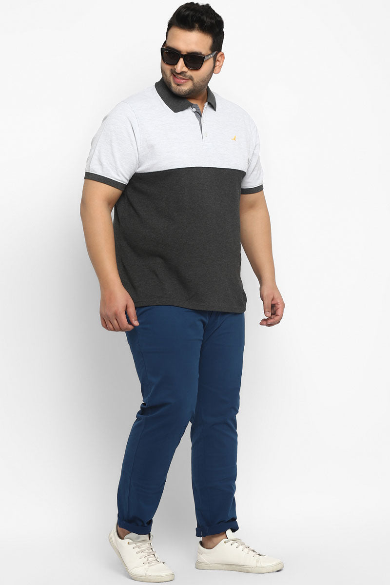 Polo Half Sleeves T-Shirt For Plus Size Men - Ecru & Charcoal Melange