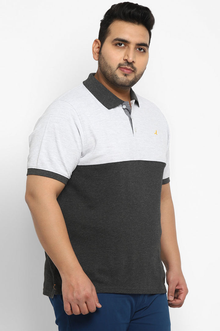 Polo Half Sleeves T-Shirt For Plus Size Men - Ecru & Charcoal Melange