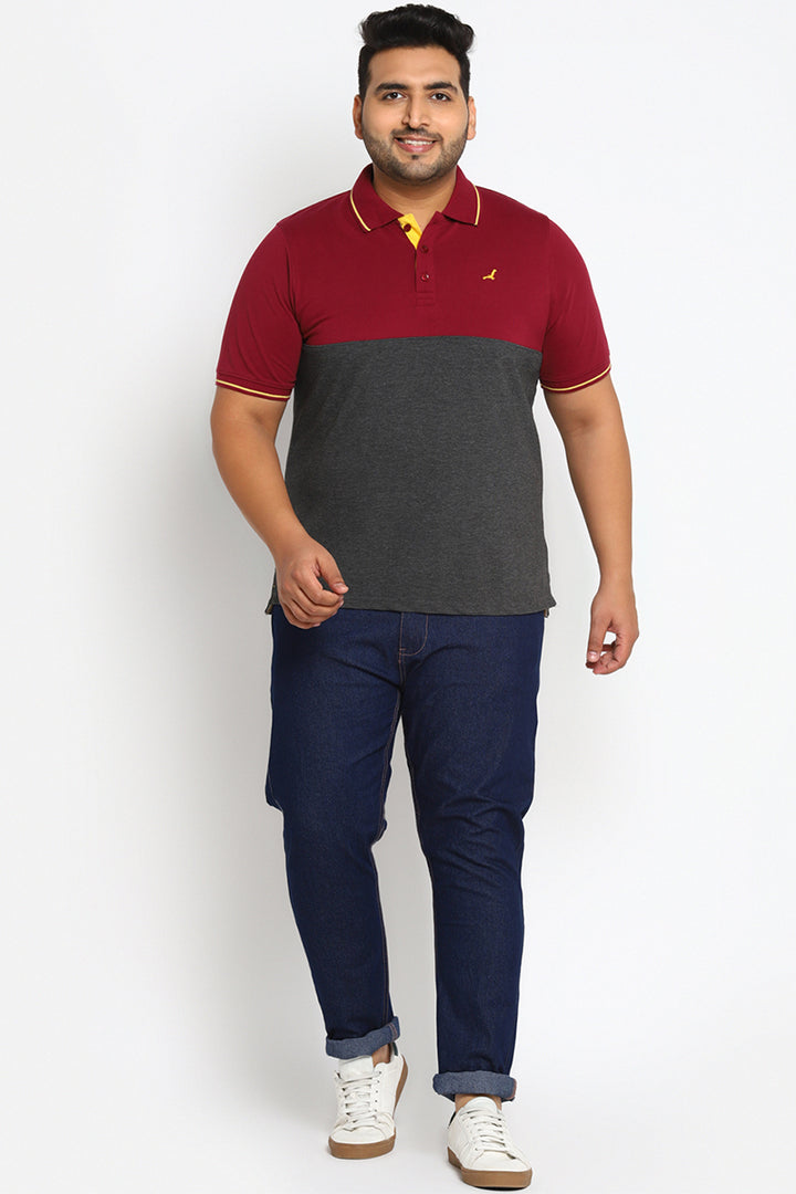 Polo Collar T-Shirt For Plus Size Men - Burgundy & Charcoal Melange