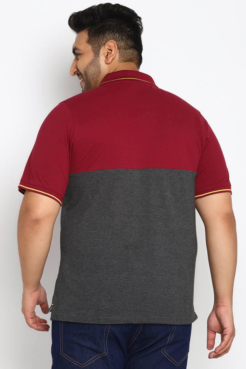 Polo Collar T-Shirt For Plus Size Men - Burgundy & Charcoal Melange