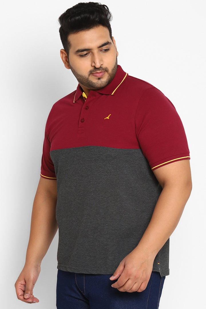 Polo Collar T-Shirt For Plus Size Men - Burgundy & Charcoal Melange