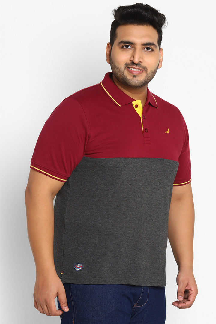 Polo Collar T-Shirt For Plus Size Men - Burgundy & Charcoal Melange