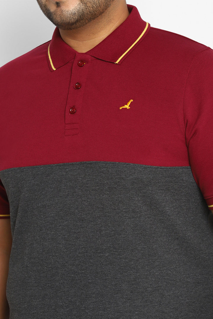 Polo Collar T-Shirt For Plus Size Men - Burgundy & Charcoal Melange