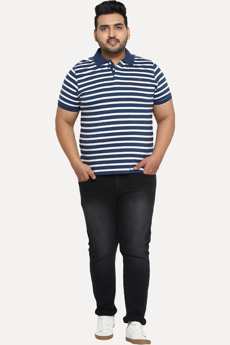 Polo Half Sleeves T-Shirt For Plus Size Men - White & Navy Melange