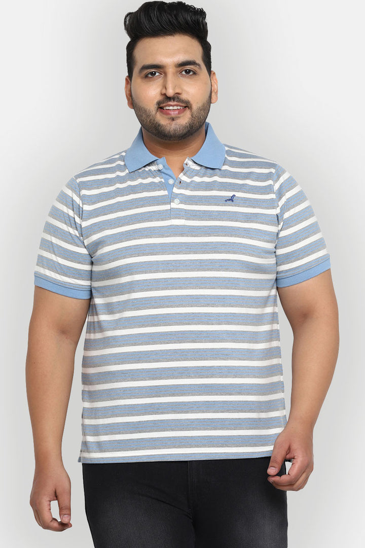 Striped Polo Half Sleeves T-Shirt For Plus Size Men - Bright White, Blue & Grey Melange