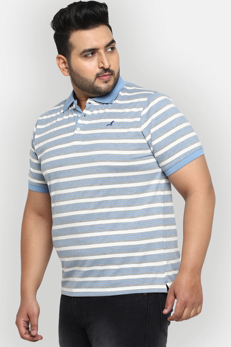 Striped Polo Half Sleeves T-Shirt For Plus Size Men - Bright White, Blue & Grey Melange