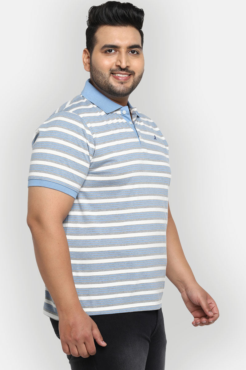 Striped Polo Half Sleeves T-Shirt For Plus Size Men - Bright White, Blue & Grey Melange