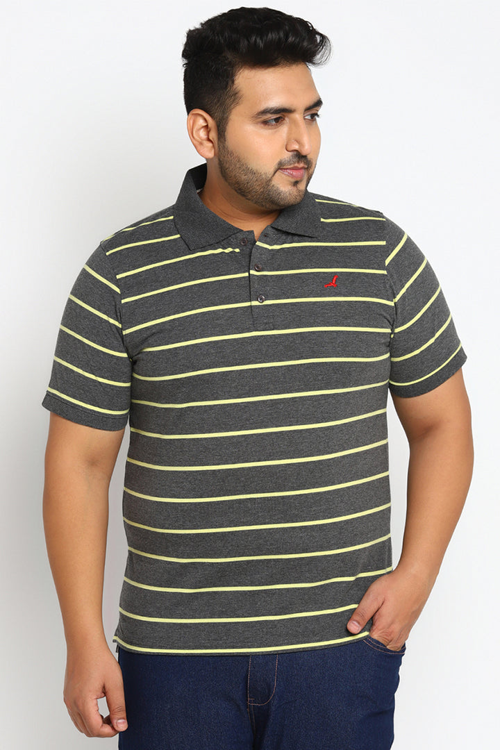 Men's Plus Size Polo Collar Yarn Dyed Stripes T-Shirt - Light Green & Anthra Melange