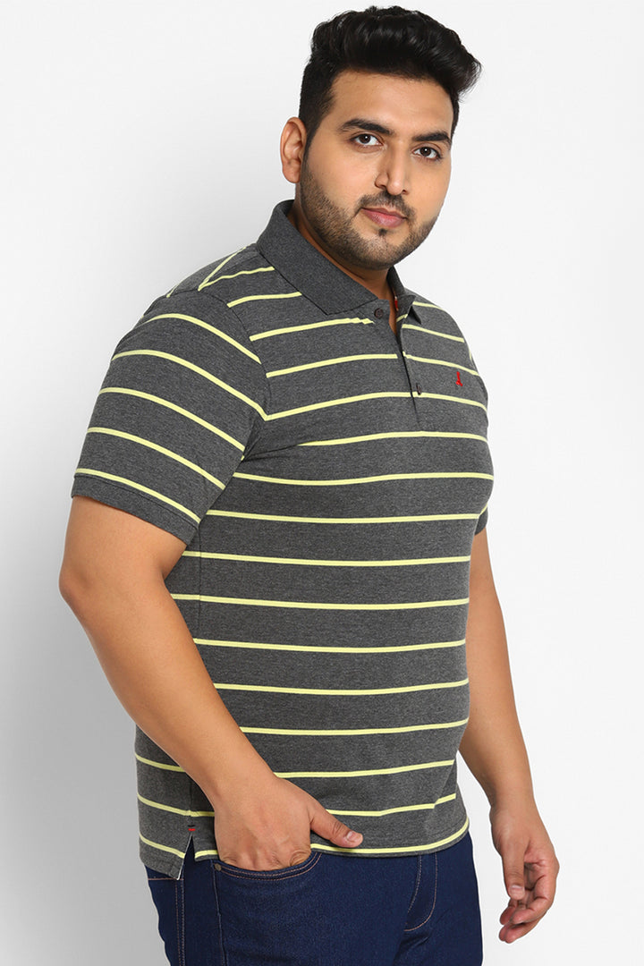 Men's Plus Size Polo Collar Yarn Dyed Stripes T-Shirt - Light Green & Anthra Melange