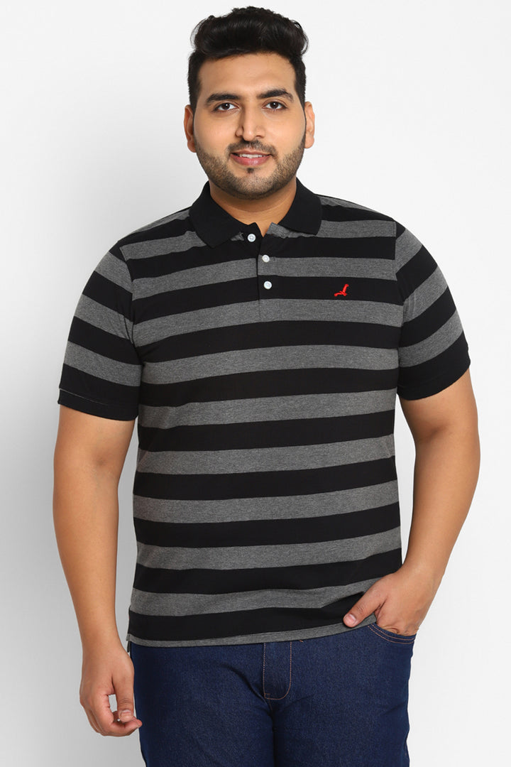 Men's Plus Size Polo Collar Yarn Dyed Striped T-Shirt - Black / Grey