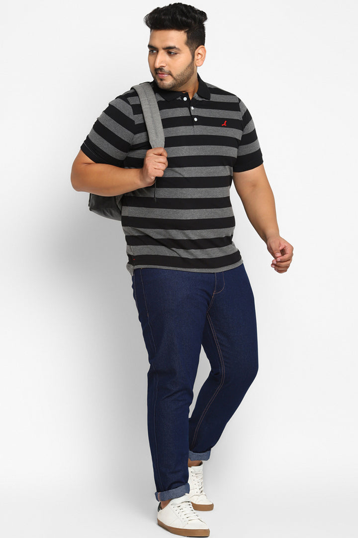 Men's Plus Size Polo Collar Yarn Dyed Striped T-Shirt - Black / Grey