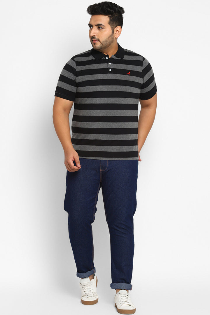 Men's Plus Size Polo Collar Yarn Dyed Striped T-Shirt - Black / Grey