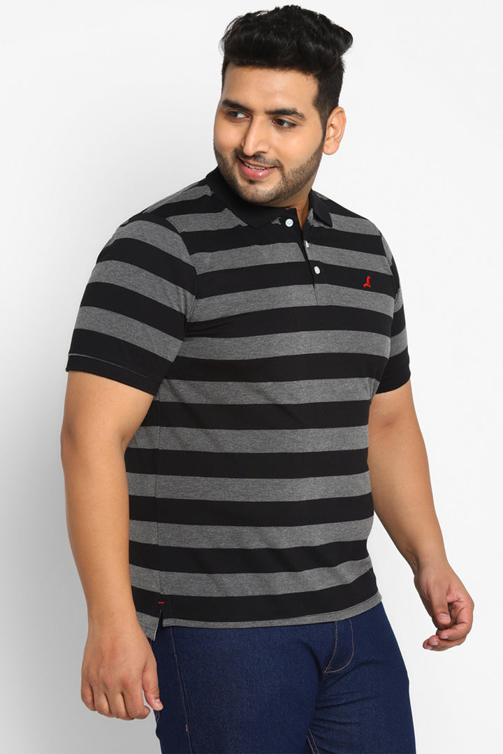 Men's Plus Size Polo Collar Yarn Dyed Striped T-Shirt - Black / Grey