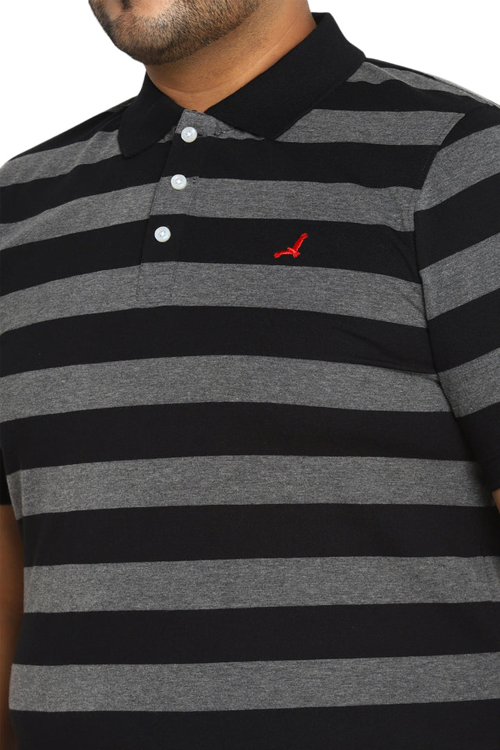 Men's Plus Size Polo Collar Yarn Dyed Striped T-Shirt - Black / Grey