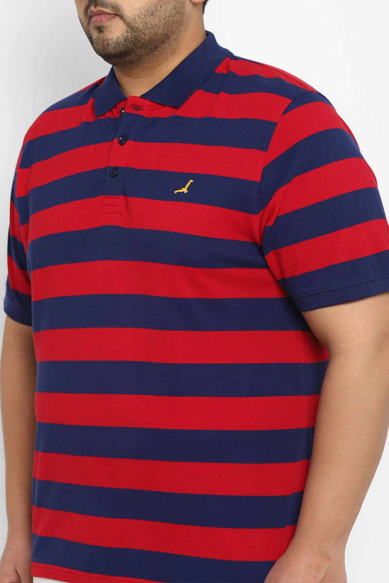Polo Half Sleeves Striped T-Shirt For Plus Size Men - Red & Navy