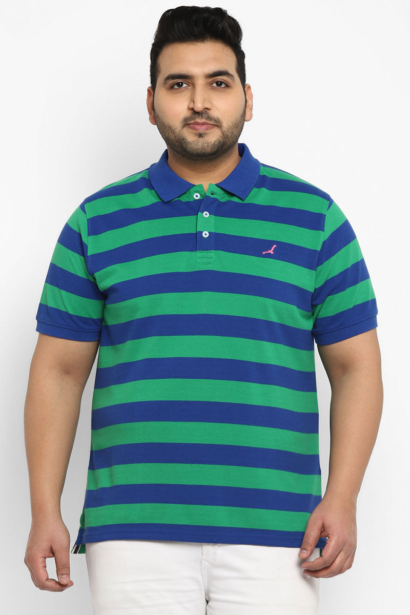 Polo Half Sleeves Striped T-Shirt for Plus Size Men - Green & Royal Blue