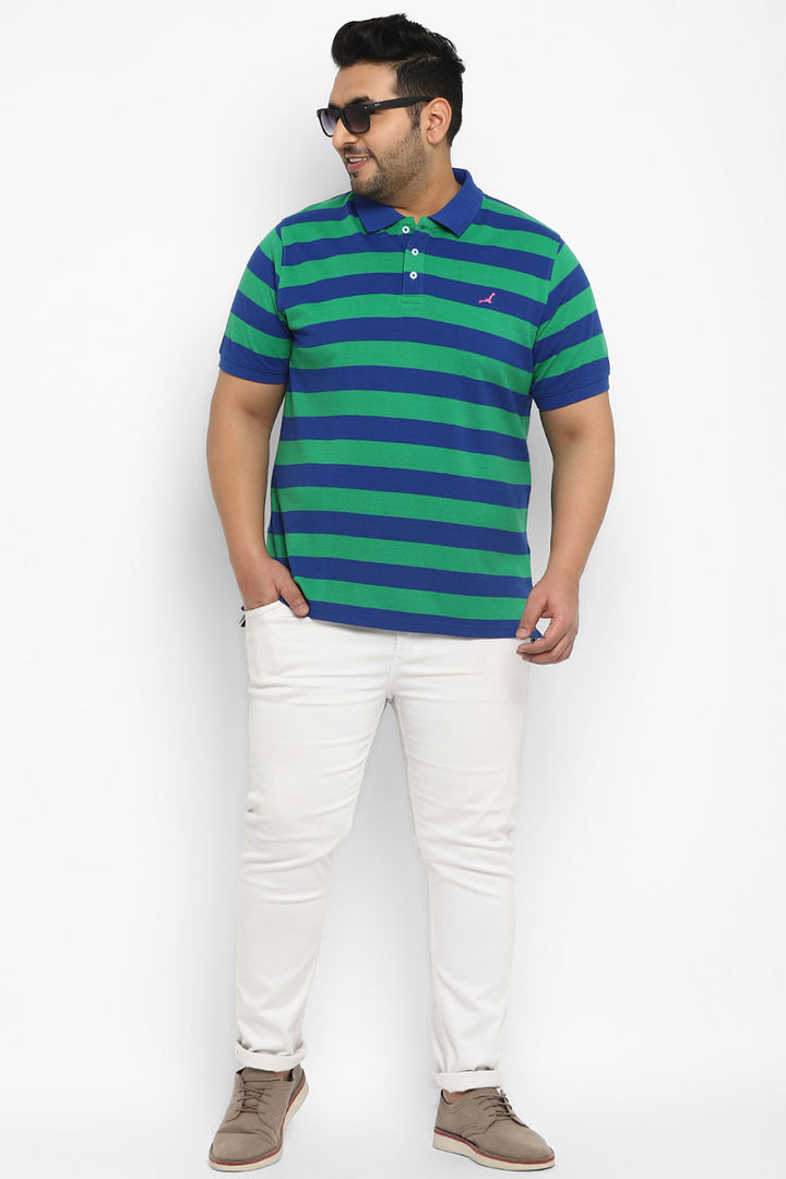 Polo Half Sleeves Striped T-Shirt for Plus Size Men - Green & Royal Blue