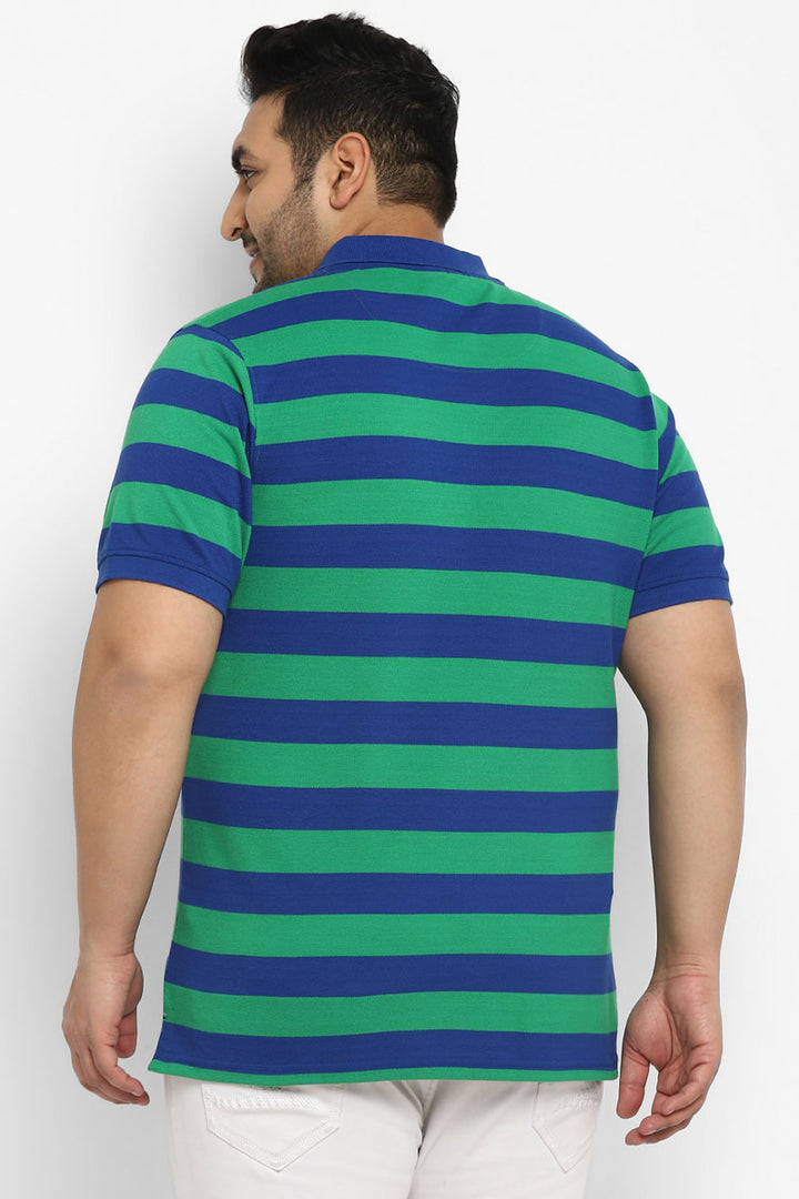 Polo Half Sleeves Striped T-Shirt for Plus Size Men - Green & Royal Blue