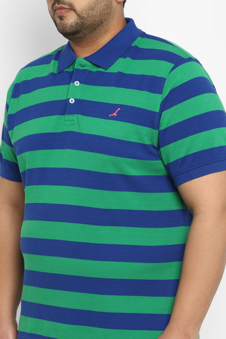 Polo Half Sleeves Striped T-Shirt for Plus Size Men - Green & Royal Blue