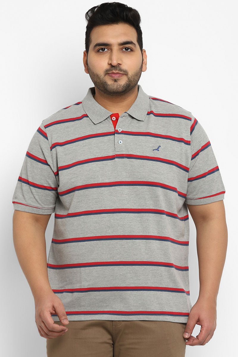 Polo Half Sleeves Striped T-Shirt For Plus Size Men - Red, Blue & Grey Melange