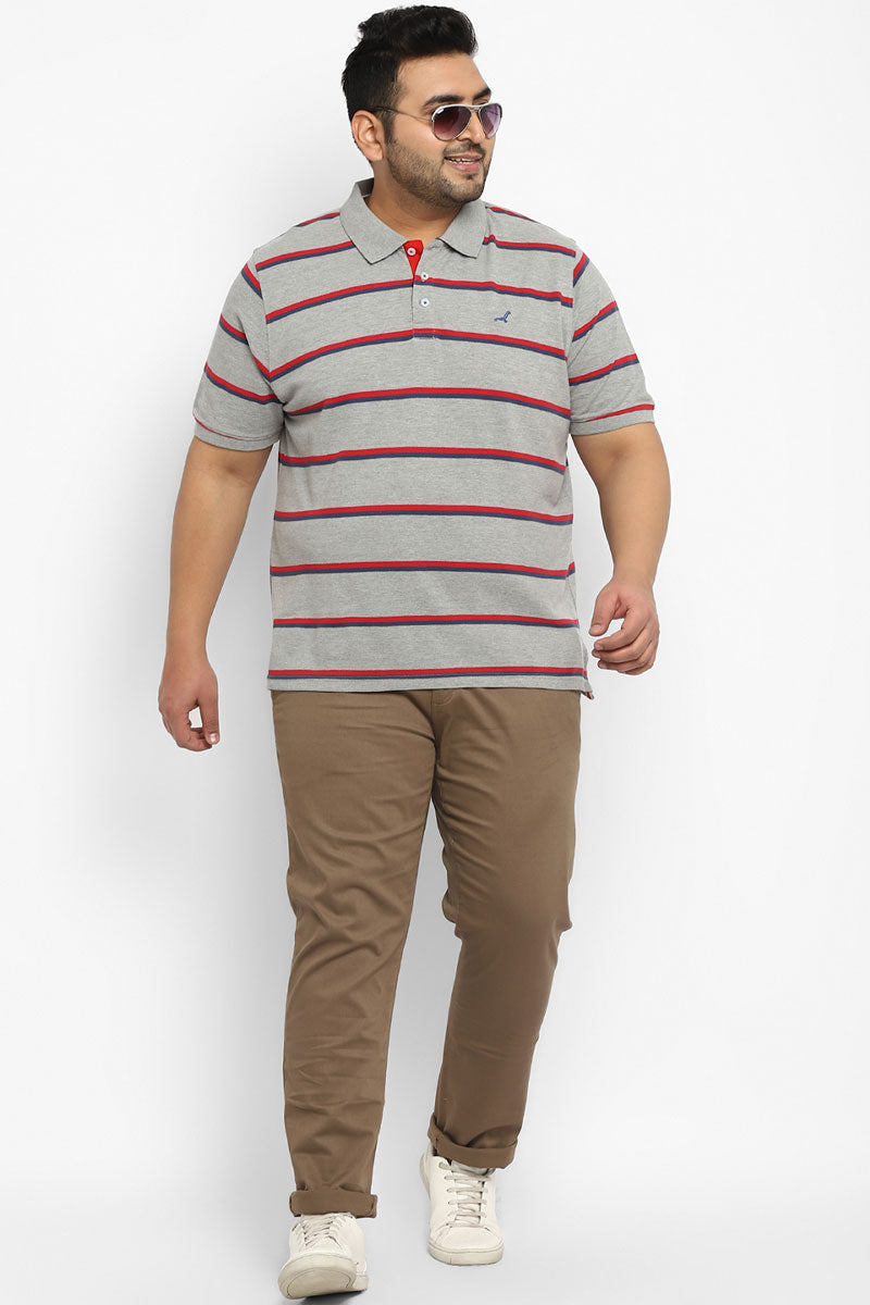 Polo Half Sleeves Striped T-Shirt For Plus Size Men - Red, Blue & Grey Melange