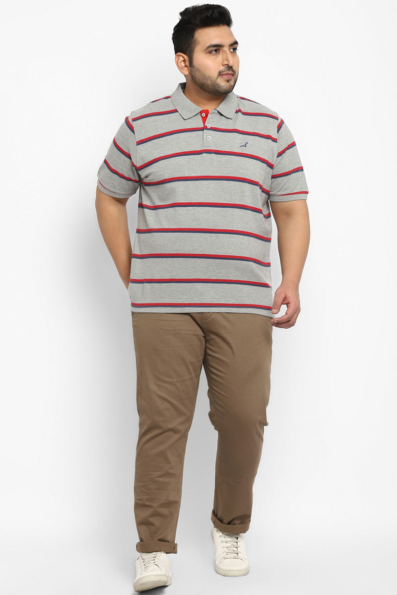 Polo Half Sleeves Striped T-Shirt For Plus Size Men - Red, Blue & Grey Melange