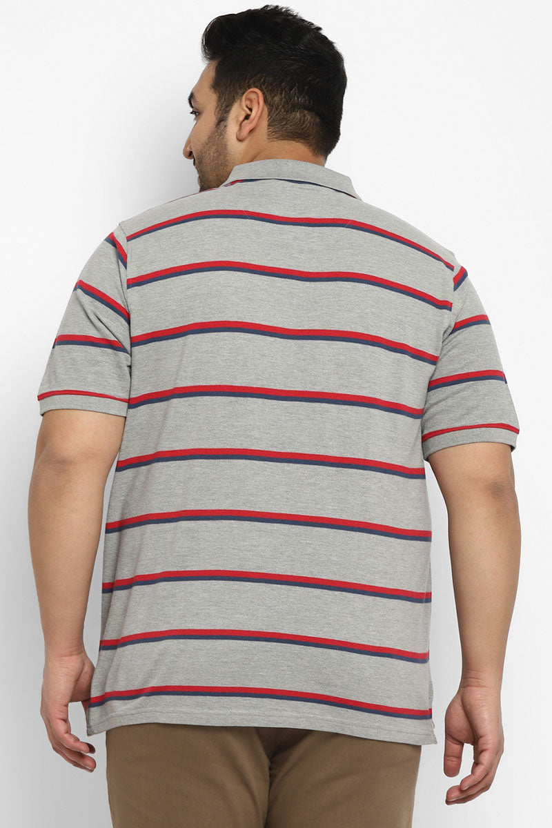 Polo Half Sleeves Striped T-Shirt For Plus Size Men - Red, Blue & Grey Melange