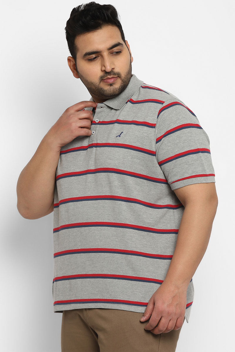 Polo Half Sleeves Striped T-Shirt For Plus Size Men - Red, Blue & Grey Melange