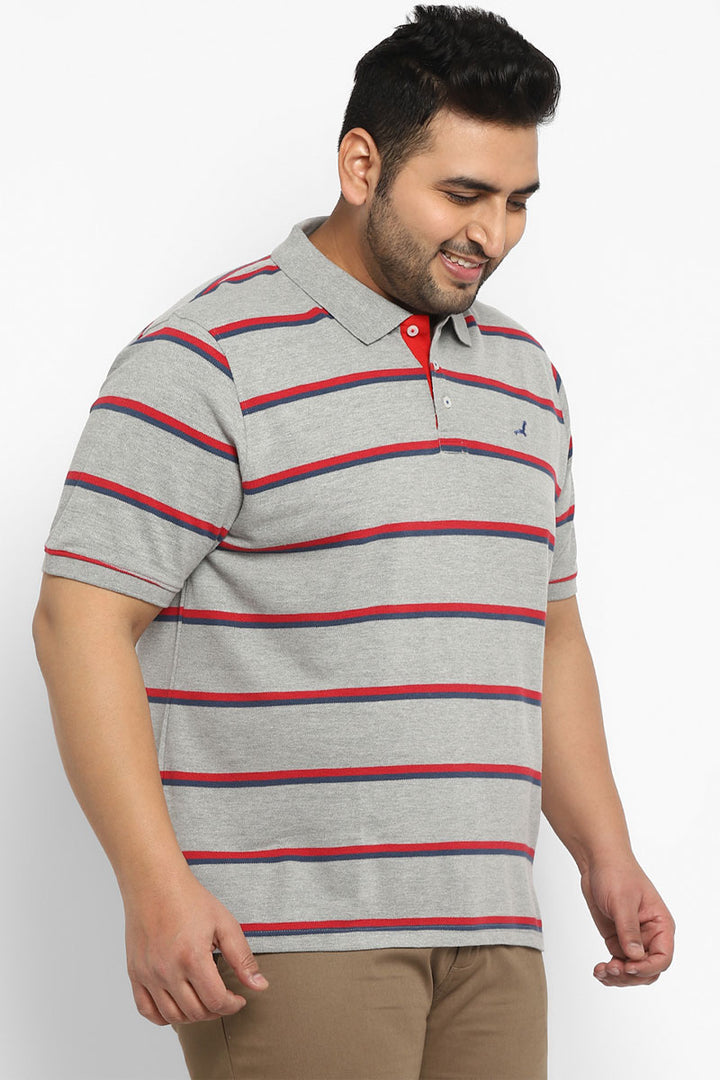 Polo Half Sleeves Striped T-Shirt For Plus Size Men - Red, Blue & Grey Melange