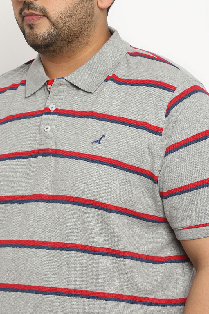 Polo Half Sleeves Striped T-Shirt For Plus Size Men - Red, Blue & Grey Melange