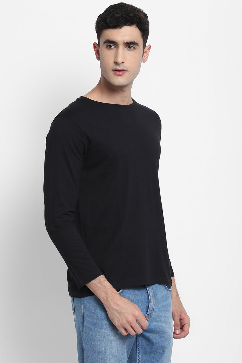 Men's Round Neck Full Sleeves Cotton T-Shirt - Black (Clearance - No Exchange No Return)