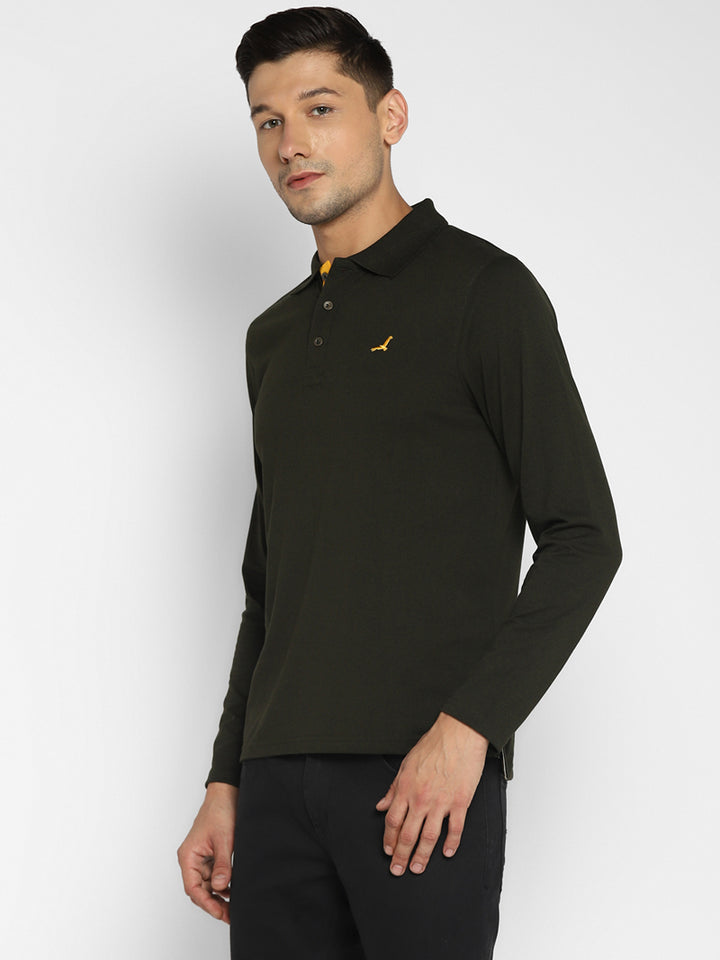 Cotton Poly Blend Men's Polo Collar Full Sleeves T-Shirt - Dark Olive