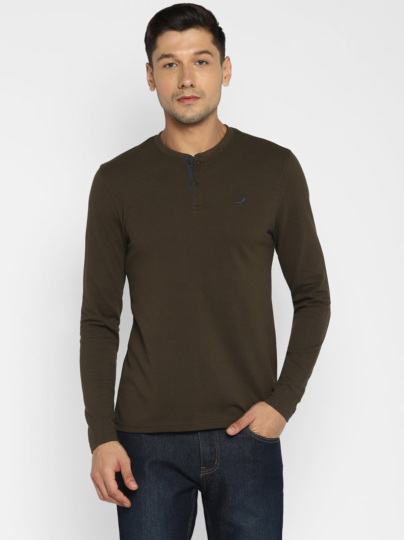 Men's Henley Full Sleeves T-Shirt - Dark Olive