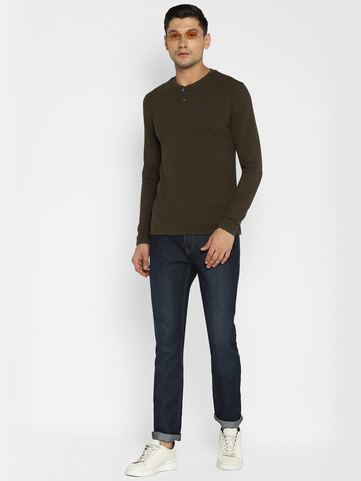 Men's Henley Full Sleeves T-Shirt - Dark Olive