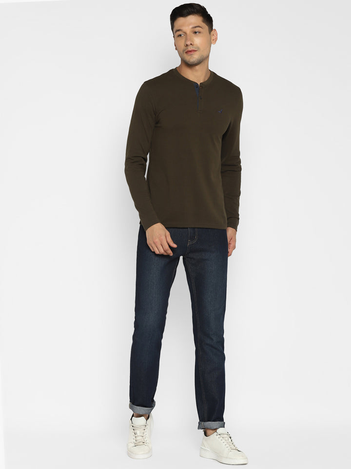 Men's Henley Full Sleeves T-Shirt - Dark Olive