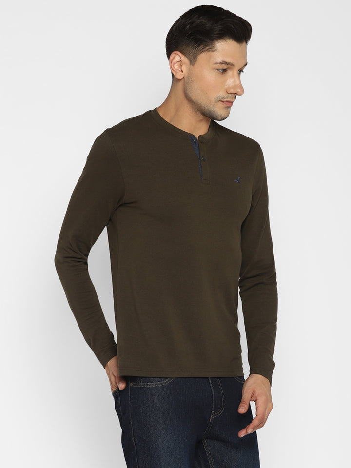 Men's Henley Full Sleeves T-Shirt - Dark Olive