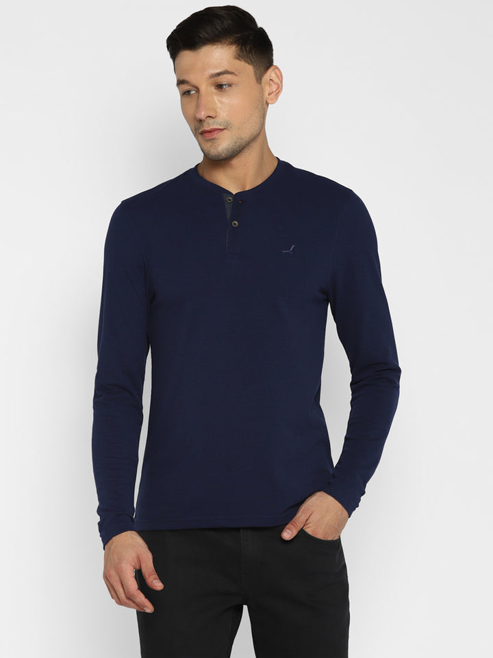 Men's Henley Full Sleeves T-Shirt - Navy Blue