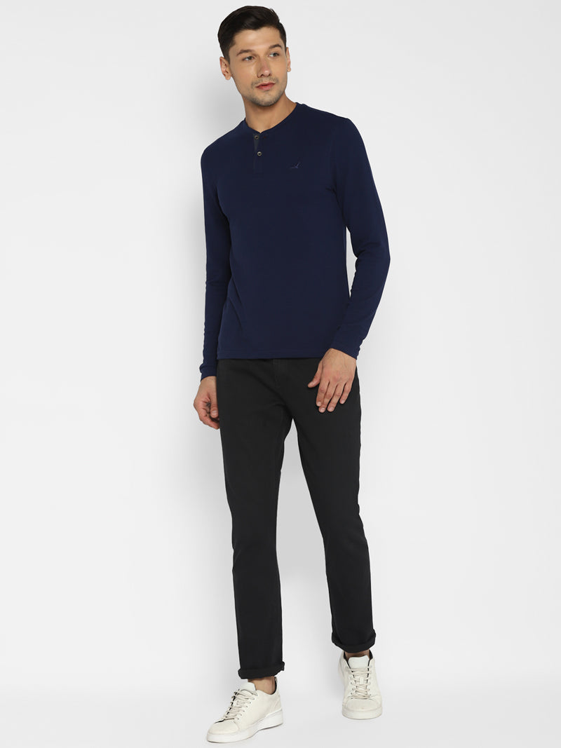 Men's Henley Full Sleeves T-Shirt - Navy Blue