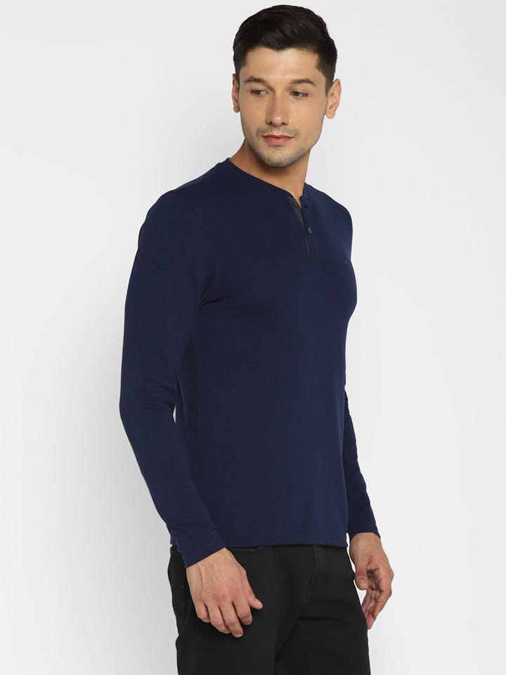 Men's Henley Full Sleeves T-Shirt - Navy Blue