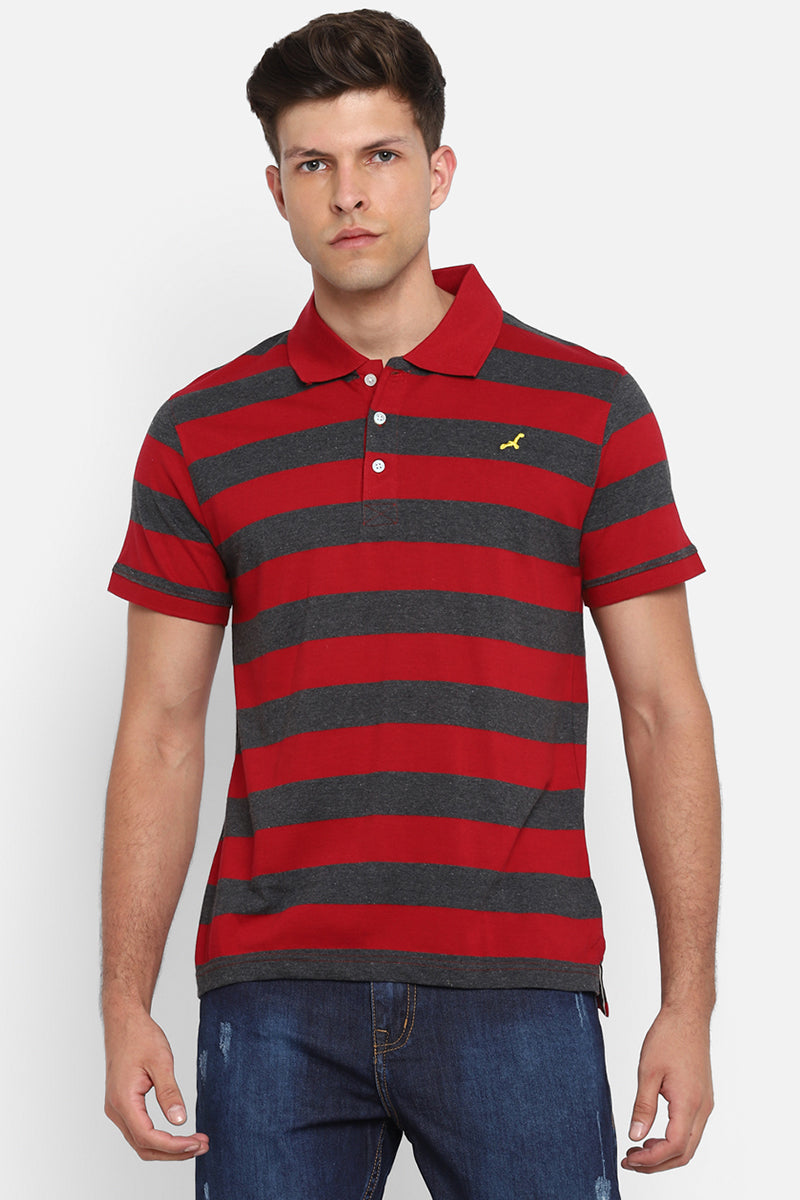Men's Polo Collar Striped T-Shirt - Red & Charcoal Melange