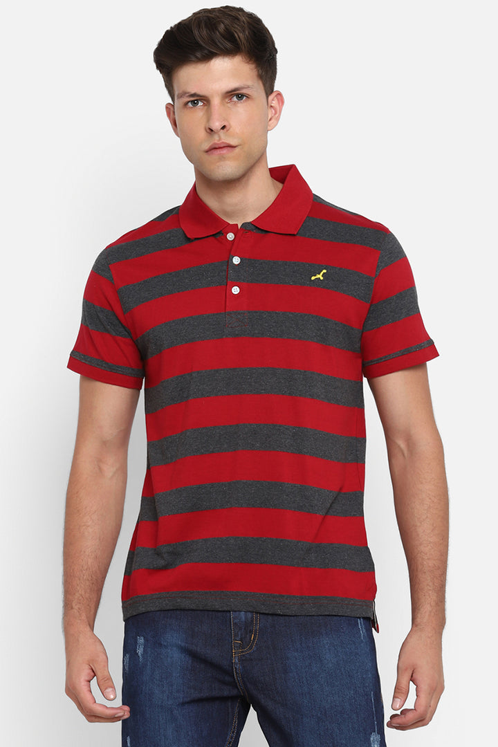 Men's Polo Collar Striped T-Shirt - Red & Charcoal Melange