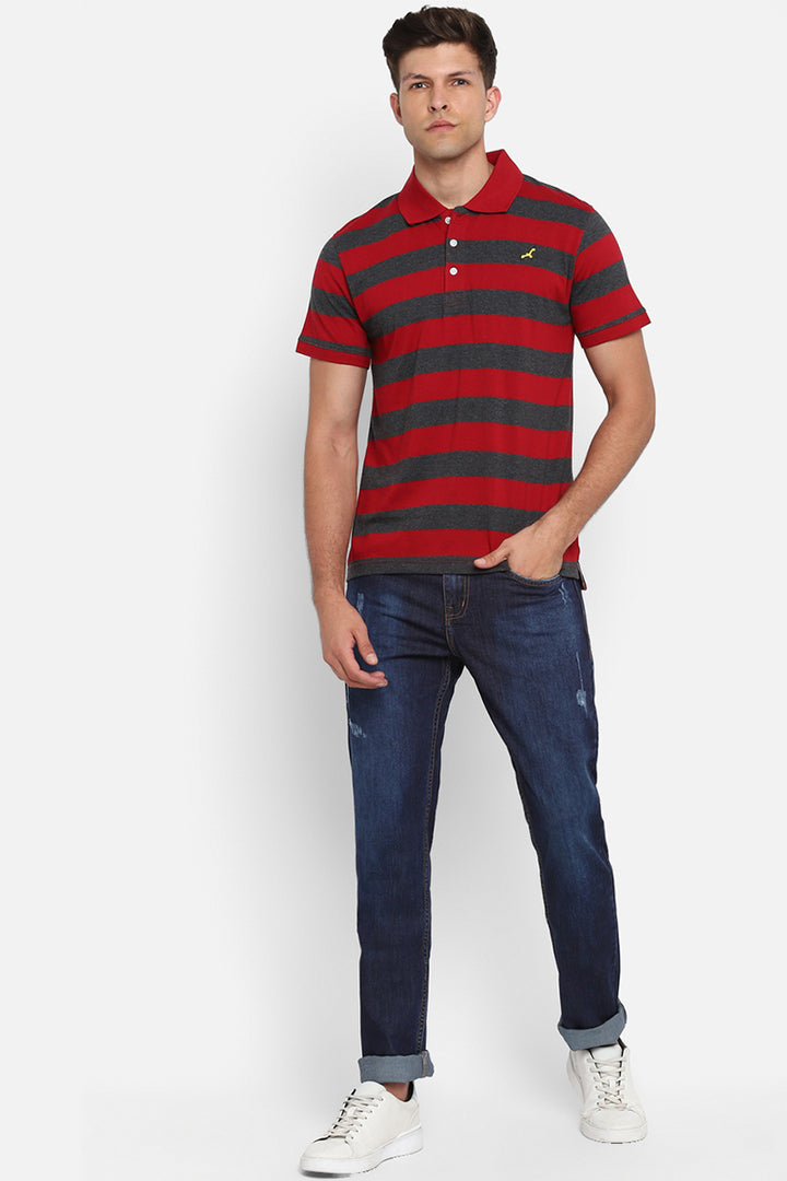 Men's Polo Collar Striped T-Shirt - Red & Charcoal Melange