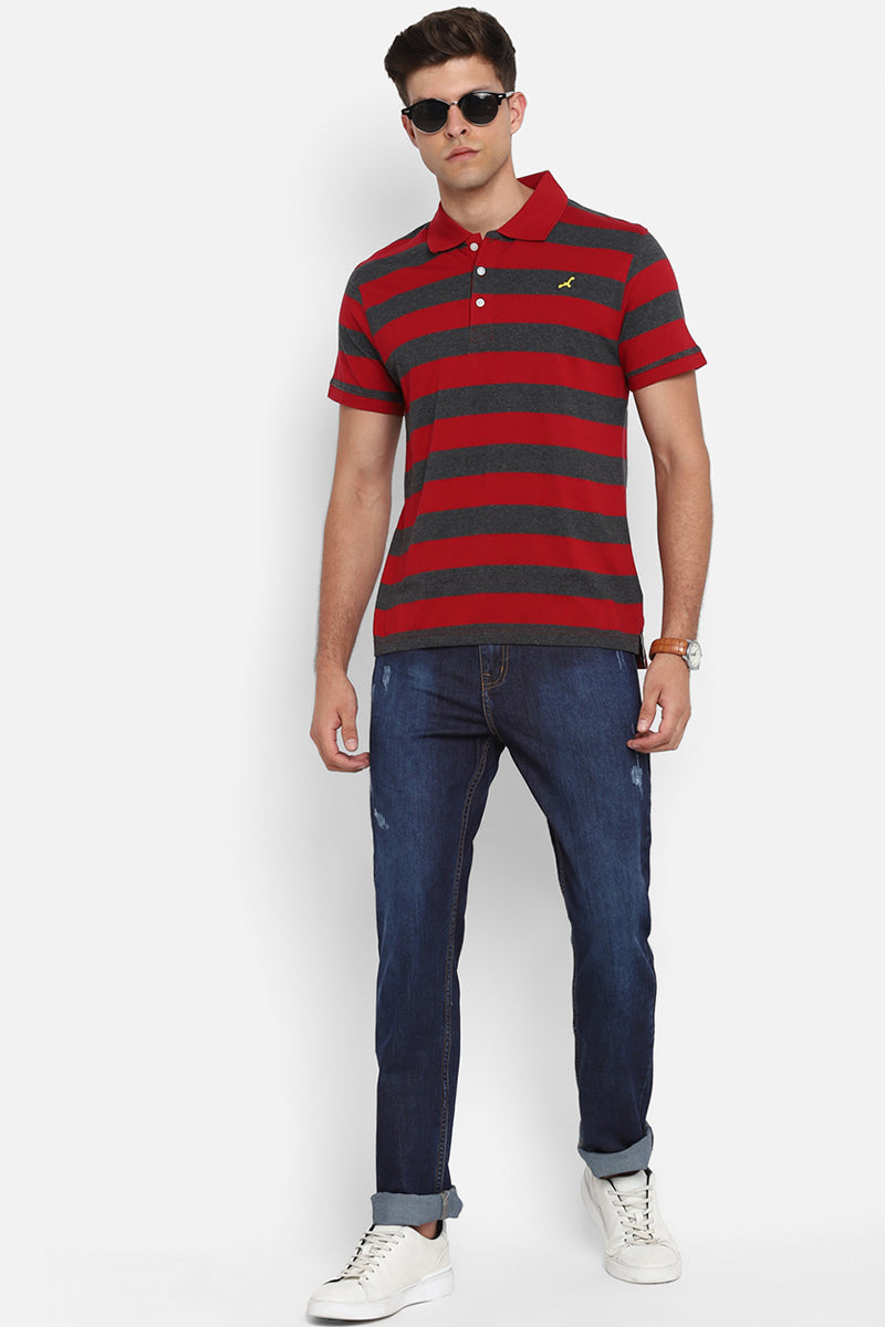 Men's Polo Collar Striped T-Shirt - Red & Charcoal Melange