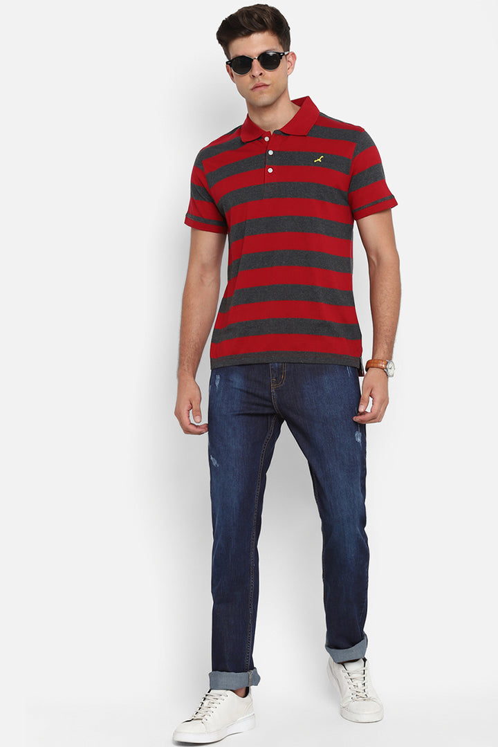 Men's Polo Collar Striped T-Shirt - Red & Charcoal Melange