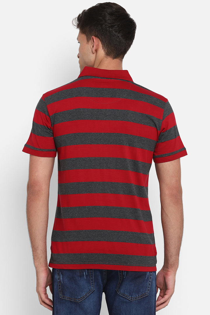 Men's Polo Collar Striped T-Shirt - Red & Charcoal Melange