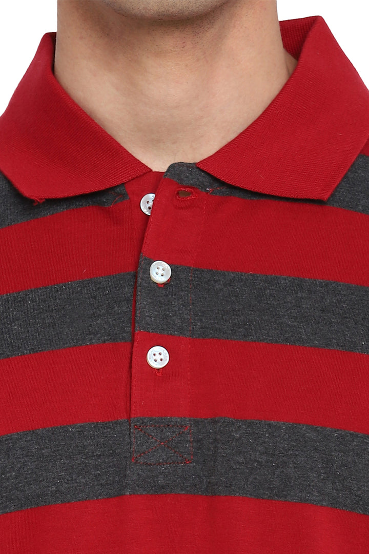 Men's Polo Collar Striped T-Shirt - Red & Charcoal Melange